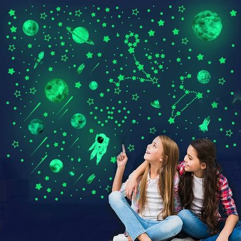Pegatinas de pared con estrellas que brillan en la oscuridad, 1449 piezas verdes que brillan en la oscuridad, decoraciones de techo, planetas, astronautas