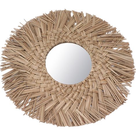 Miroir mural tressé en paille, style rétro, magnifique miroir mural tissé pour la décoration d'une chambre d'étudiant, nature (1/5)