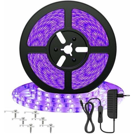 5M UV Ruban LED, Bande LED Lumière Noire,Triomphe 12V 2835 Bandeau LED Lumière Violette, 300 LEDs Ultraviolet Eclairage Ambiance pour Halloween, Noël, DJ Soirée, Disco, Body Painting, Peinture Fluo [C (1/4)