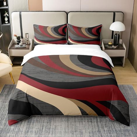 Enfants Bourgogne Rouge Housse de Couette 100% Coton 140x200cm Rayures Géométriques Parure de lit Garçons Filles Adolescents Bed Redline Literie Set Ensemble de Literie Gris et Noir - 140 x 200 cm + 1 (1/5)