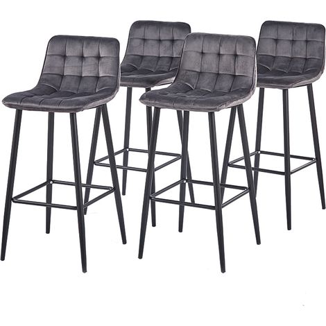 Hobag – Lot de 4 tabourets de bar en velours gris foncé – Hauteur d'assise 70cm – Pieds en métal – Design moderne pour séjour