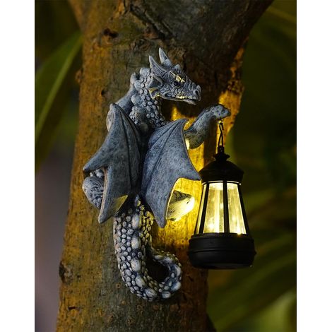 Lanterne solaire dragon en résine pour arbre, statue murale étanche thème fantastique, ornement artistique idéal comme cadeau jardin (1/5)