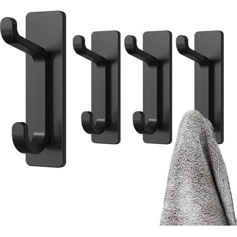 4 Pieces Black, Adhesive Wall Hook, Bathroom Towel Holder, Kitchen Tea Towel Hanger, Adhesive Coat Rack, Wall Mount Without Drilling, Waterproof, Rustproof