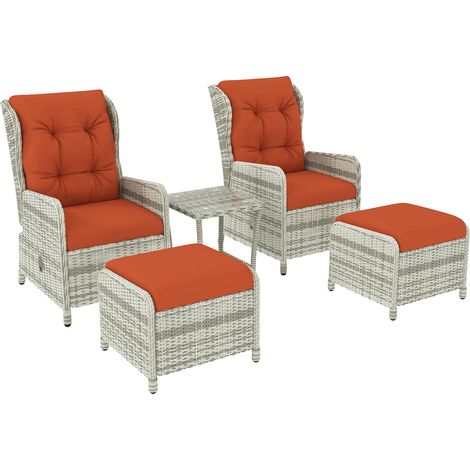 Outsunny 5 Pieces Rattan Bistro Set with Adjustable Back, Reclining Wicker Balcony Furniture with Cushions, Glass Top Coffee Table and Footstools, Outdoor Table and Chairs, Orange