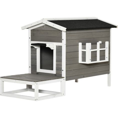 Cuccia/rifugio per gatti con patio e balcone, adatto a gatti e cani, realizzato in legno di cedro, bianco-grigiastro, dimensioni: 115 x 66,5 x 74,7 cm, realizzato in loco. (1/5)