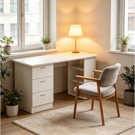 Bureau informatique blanc en MDF avec 3 tiroirs et 3 étagères, 120 x 49 x 72 cm (1/5)
