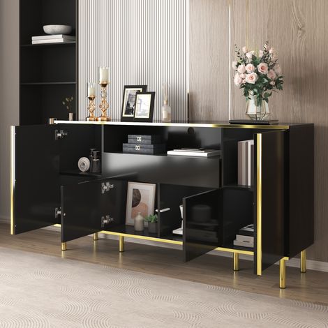Buffet noir laqué avec LED, 4 portes, 1 tiroir, 150x80x40 cm, pour salon (1/5)
