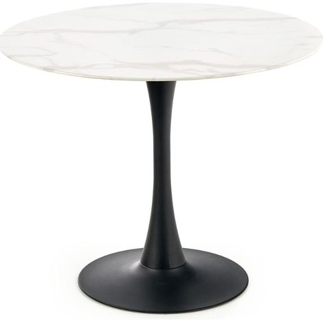 Table ronde 90cm avec plateau en verre aspect marbre blanc et pied central noir Amboise (1/5)