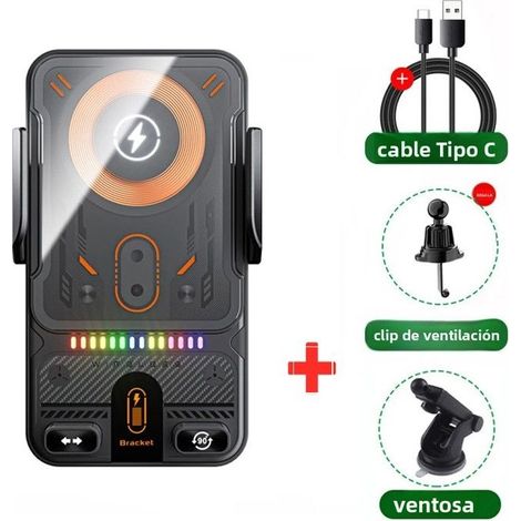 Support de téléphone noir pour voiture avec chargeur sans fil, serrage automatique tactile, effets lumineux RGB, rotation à 360°, su (1/5)