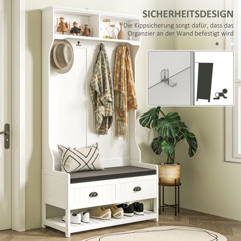 REDOM Porte-manteau avec banc à chaussures et étagère et 4 crochets matériau MDF blanc 89x42x172 cm pour entrée (1/5)