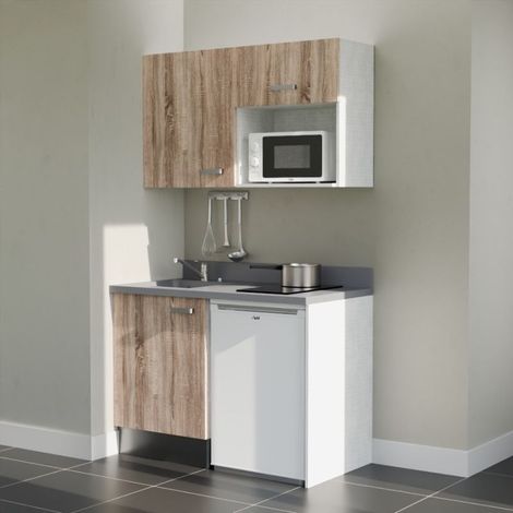 Kitchenette K07L - 120 cm - plan monobloc évier intégré Cromo- évier à gauche - Façades Bois + Electroménager inclus coloris Blanc (1/5)