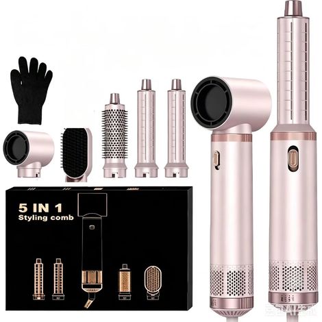 Peigne à air chaud multifonctionnel 5 en 1 - Rose - Sèche-cheveux à air chaud, fer à friser automatique, lissage et bouclage (1/5)