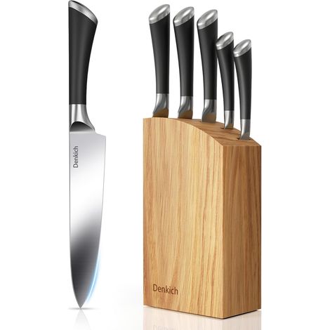 Couteau Cuisine, 6 Pièces Couteaux et Ustensiles de Cuisine en Acier Inoxydable, couteaux de cuisine Porte-couteau en Bois de caoutchouc, Compris Couteau de Chef Pain etc (8'') (1/5)