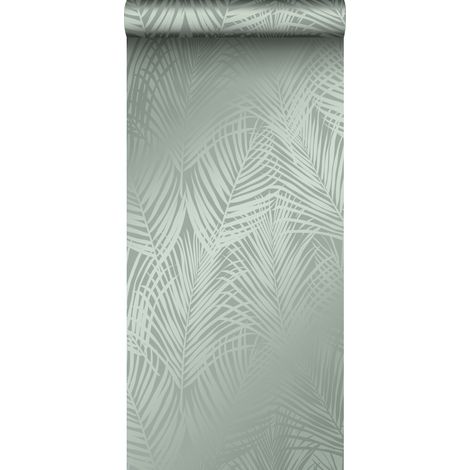 Papier peint feuilles de palmier vert grisé – Papier peint intissé 53cm x 10,05m – Écologique avec encres à base d'eau – Raccord sauté 26,5cm (1/7)