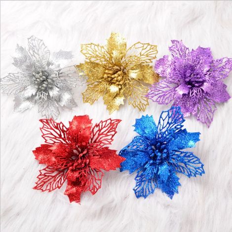 Couronne de Noël, couronne de sapin de Noël de 15 cm, accessoires de vigne, fleurs artificielles creuses décoratives poudrées, fleurs octogonales, rouges.