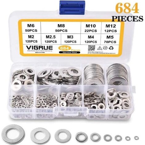 684 Pièces Inox Rondelles Plates Metal, pour Gonds de Porte, 9 Tailles Rondelles Acier Inoxydabl 304 -Rondelle Carrossier Inox(M2-M12)