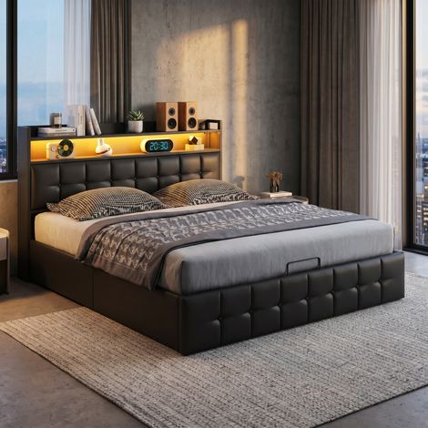 Lit coffre 140x190 cm avec LED et ports USB, Lit 140x190 avec sommier à lattes et tête de lit rangement, lit double adulte, PU, Noir (1/5)