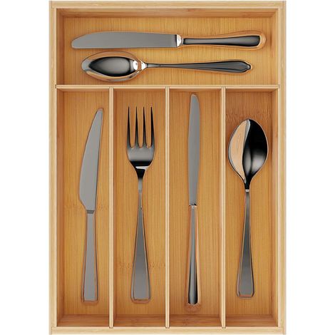 Organiseur De Tiroir - Bambou Naturel - 5 Compartiments Modulables - Pour Ustensiles De Cuisine Et Bureau - 1 Pièce (1/5)