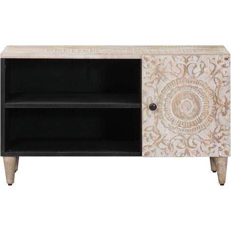 Meuble TV en Bois de Manguier Massif, Blanc, 80 x 31,5 x 46 cm, Console Basse Moderne avec Rangement pour Salon (1/5)