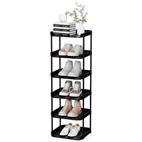 6 Ebenen Schmal Schuhregal, Mehrschichtiges Hoch Schuhregale Platzsparend, Stapelbar Klein Standregal, Vertikales Plastik Regal, Shoe Rack für Treppe, Flur, Küche, Schlafzimmer, Schwarz