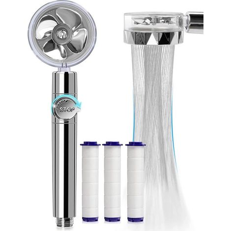 Cabezal de ducha,giratorio 360 grados,accionamiento por hélice,con 3 filtros,con ventilador e interruptor,plateado (1/5)