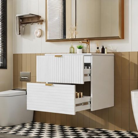 Meuble vasque suspendu 61 cm MDF laqué blanc avec lavabo (1/5)