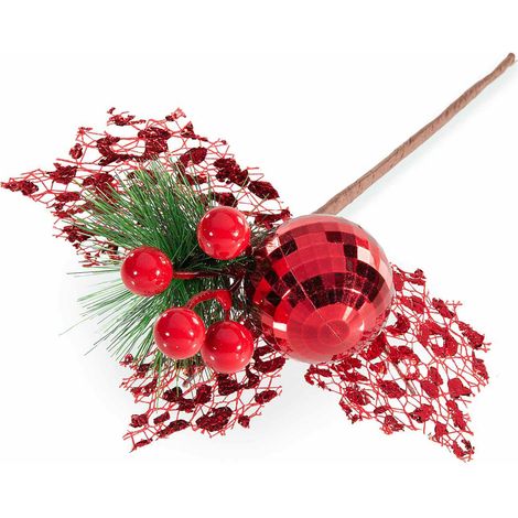 Rametti natalizi pick di bacche rosse, foglie metallizzate, pino e pallina effetto specchiato, set da 24 pezzi, cm 9 H (con gambo 20)