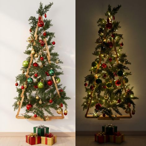 Sapin de Noël mural de 90 cm avec lumières, grand ensemble de décoration murale de Noël à monter soi-même, comprenant des boules de Noël suspendues, des guirlandes lumineuses LED et une guirlande de p (1/5)