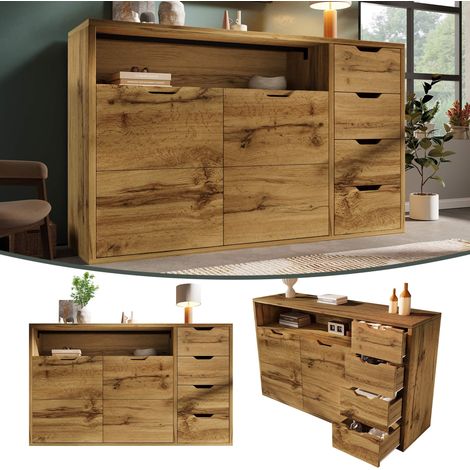 Buffet 150x40x90 cm Commode Effet Chêne avec 4 Tiroirs, 2 Portes, Niche Ouverte, Étagères Réglables et Soft-Close - Pieds Métal (1/5)
