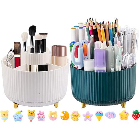 2 Pièces Support Rotatif à 360° pour bureau, Pot a Crayon Organisateur de Bureau avec 5 Compartiments Rangement Stylo pour L'école, la Maison, les Fournitures de Bureau (Blanc + Vert) (1/4)