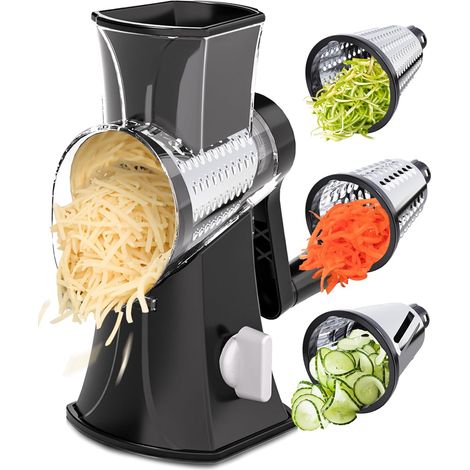 Râpe à fromage rotative manuelle 3 en 1 : râpe, trancheuse et hachoir. Grand diamètre, base à ventouse puissante, 3 lames pour légumes, pommes de terre et noix. Facile à utiliser et à nettoyer.
