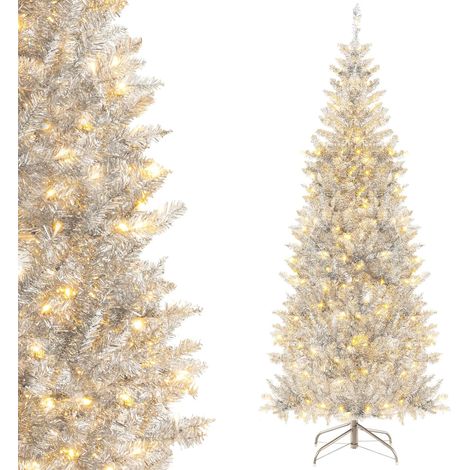 COSTWAY Albero di Natale 180 cm, Albero di Natale Artificiale Argento con 790 Rametti, 300 Luci a LED Bianco Caldo, Supporto Pieghevole in Metallo, Decorazione Natalizia per Ufficio e Casa