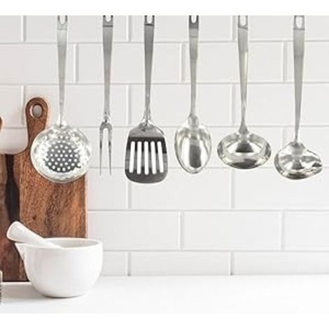 40697 Perforated serving spoon, stainless steel spoon, kitchen spatula, spatula, kitchen utensil, stainless steel, silver, 32.1 x 7.9 x 3 cm