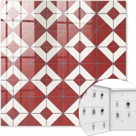 Armoire à clés - (30 cm x 30 cm) - Boîte à clés murale - Coffret de rangement pour clés - Couleur blanche - Ouverture vers la gauche - Pour maison et bureau - Mosaïque rouge (1/5)