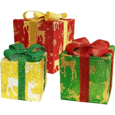Coffret Cadeau LED - Boîte Cadeau Illuminée Motif Wapiti - Décoration Noël - Lot de 3 Tailles Variées (1/5)