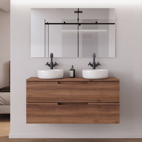 Meuble de salle de bain 120cm avec plateau et 2 vasques à poser rondes - 2 tiroirs - noyer (bois foncé) - SONRIZA (1/5)