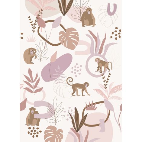 papier peint panoramique singes de la jungle vieux rose et violet - ESTAhome (1/5)