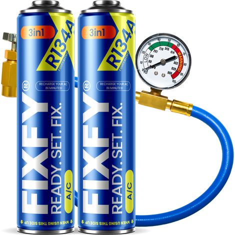 FIXFY 3in1 500ml Klimaanlagen-Nachfüllset - 2x GROSSE KANNE + R134a-Schlauch
