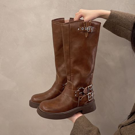 Bottes hautes pour femmes, bottes cavalières confortables à enfiler, bout carré, talon bloc style punk, talon bas, bottes de moto tendance avec boucle (1/4)