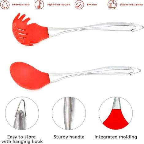 Cuillère À Cuisine - Tête En Silicone Flexible - Manche En Acier Inoxydable - Pour Casseroles Et Poêles Non Stick - Lot De 2 (1/5)