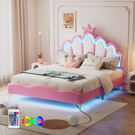Lit enfant double couronne princesse 140x200, habillage cuir PU doux, éclairage LED magique réglable - Rose (sans Matelas) (1/5)