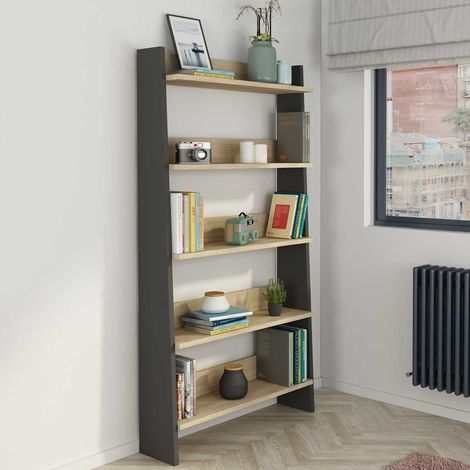 Bibliothèque Quinty 95cm 5 étagères - gris/ décor en chêne (1/5)