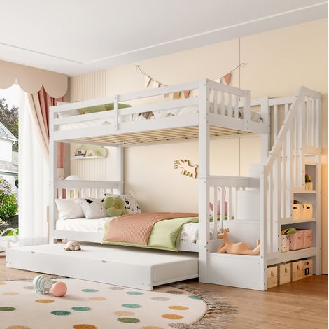 DESVIAE Lit superposé 90 x 200 cm avec lit gigogne escaliers rangement barrières hautes blanc pin et MDF (1/5)