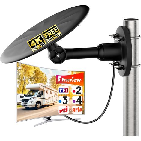 Antenne TV Extérieure TNT HD avec Amplificateur, Râteau DVB-T2 Longue Portée à Réception 360°, Signal Numérique Stable 4K UHD, Résistante aux Intempéries, Compatible Smart TV (1/5)