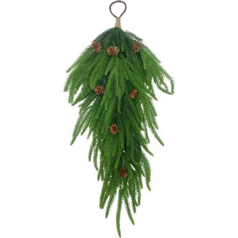 Couronne de Noël artificielle suspendue de 66 cm (26 pouces) en forme de larme, ornée de pommes de pin et de fausse verdure. Décoration idéale pour la porte d'entrée, la cheminée ou un mur. Verte. (1/2)