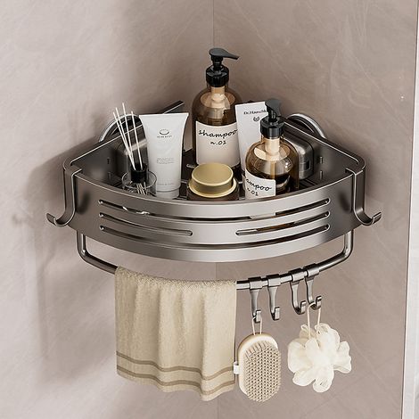 Étagère de douche avec barre et 6 crochets, Panier de douche d&aposangle à ventouses, Organiseur de salle de bain sans perçage (Gris) (1/5)