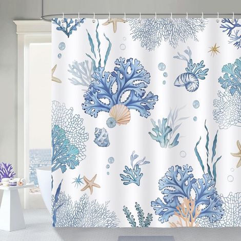 Duschvorhang Koralle Nautische Küste Blaue Muschel Polyestergewebe Anti-Schimmel Wasserdicht Waschbar Badezimmer Vorhänge 180x180cm mit 12 Badewannenhaken (1/5)