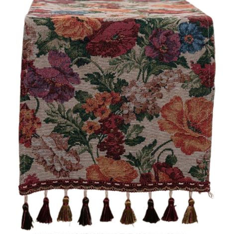 Chemin de table style ferme avec franges tissées à la main, élégant pour la décoration de la salle à manger, 120/140/160/180 cm, motif Medacea Iris (1/5)