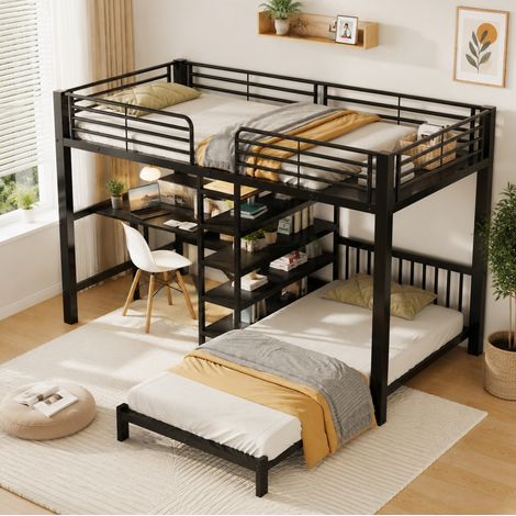 Litera 90 x 200 cm con escritorio, almacenaje y tomas USB/Tipo C negra HAVRYA (1/5)
