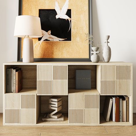 Meuble de Rangement Enfant Rangement Jouet Enfant avec 8 Casiers, 4 Portes, Bibliothèque, Armoire de Rangement Modulaire pour Livres, Vêtements, Jouets, 60x30x125 cm, Naturel